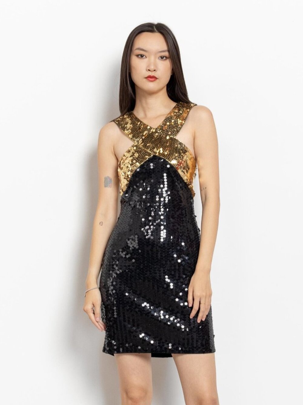 BLACK SEQUIN HALTER Dress Gold Holiday Party Glam Vintage Mini Shift / Small